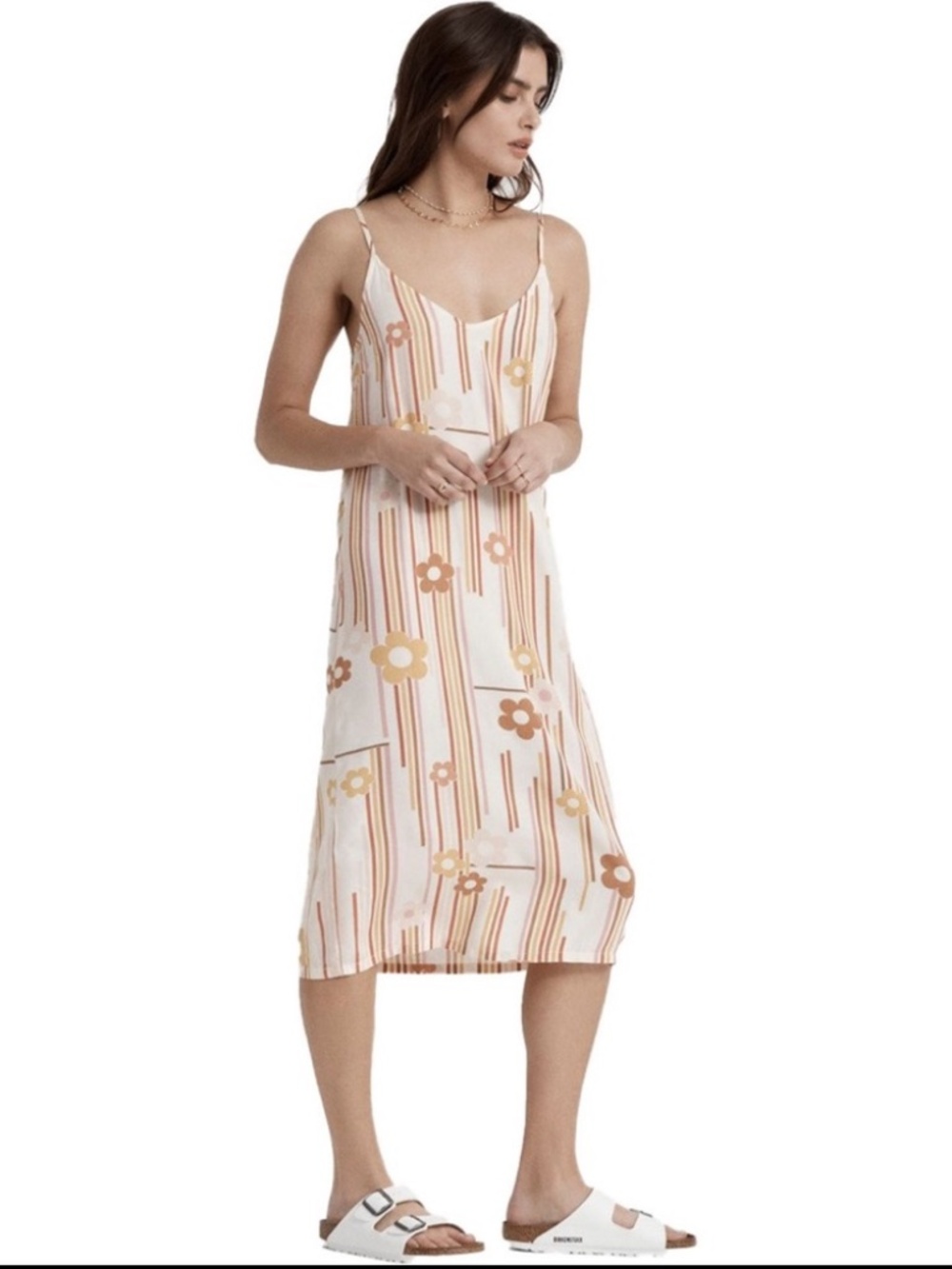 ๐ผBrixton NWT Cream Slip Dress with Mustard, Brown & Pink Floral Stripes. Rad ๐ฐ